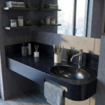 A KORTE design 3D configurator-generated countertop with a rounded edge and an integrated towel rail. The scene includes a chrome faucet, an oval basin, and warm wooden shelving with potted plants.