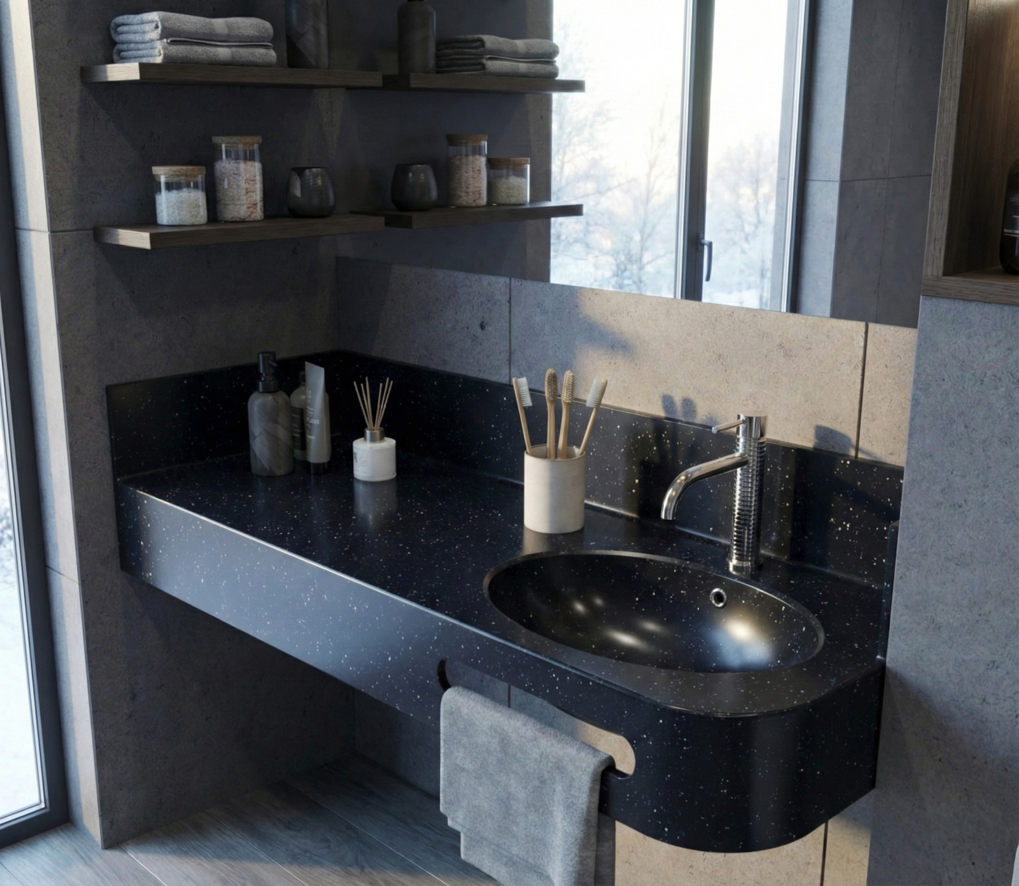 A KORTE design 3D configurator-generated countertop with a rounded edge and an integrated towel rail. The scene includes a chrome faucet, an oval basin, and warm wooden shelving with potted plants.