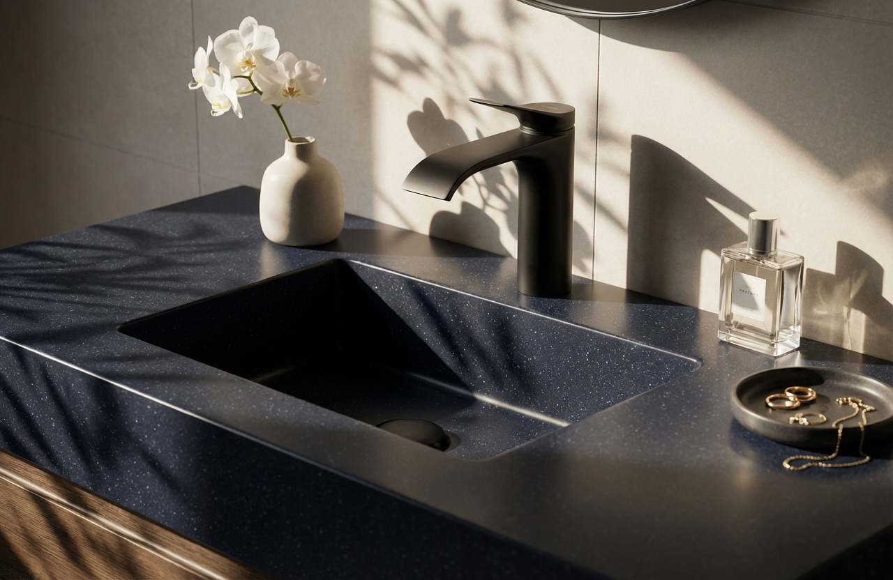 Close-up of a custom bathroom vanity top crafted from Deep Night Sky DuPont Corian, featuring a matte black Vivenis 110 basin mixer, styled with elegant accessories under natural sunlight