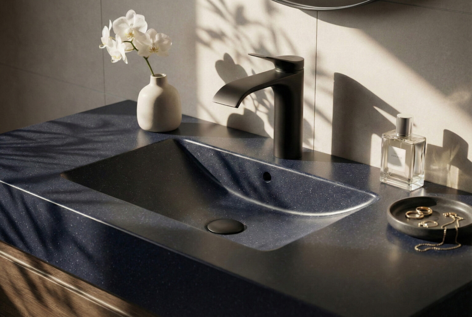 Close-up of a custom bathroom vanity top crafted from Deep Night Sky DuPont Corian, featuring a matte black Vivenis 110 basin mixer, styled with elegant accessories under natural sunlight