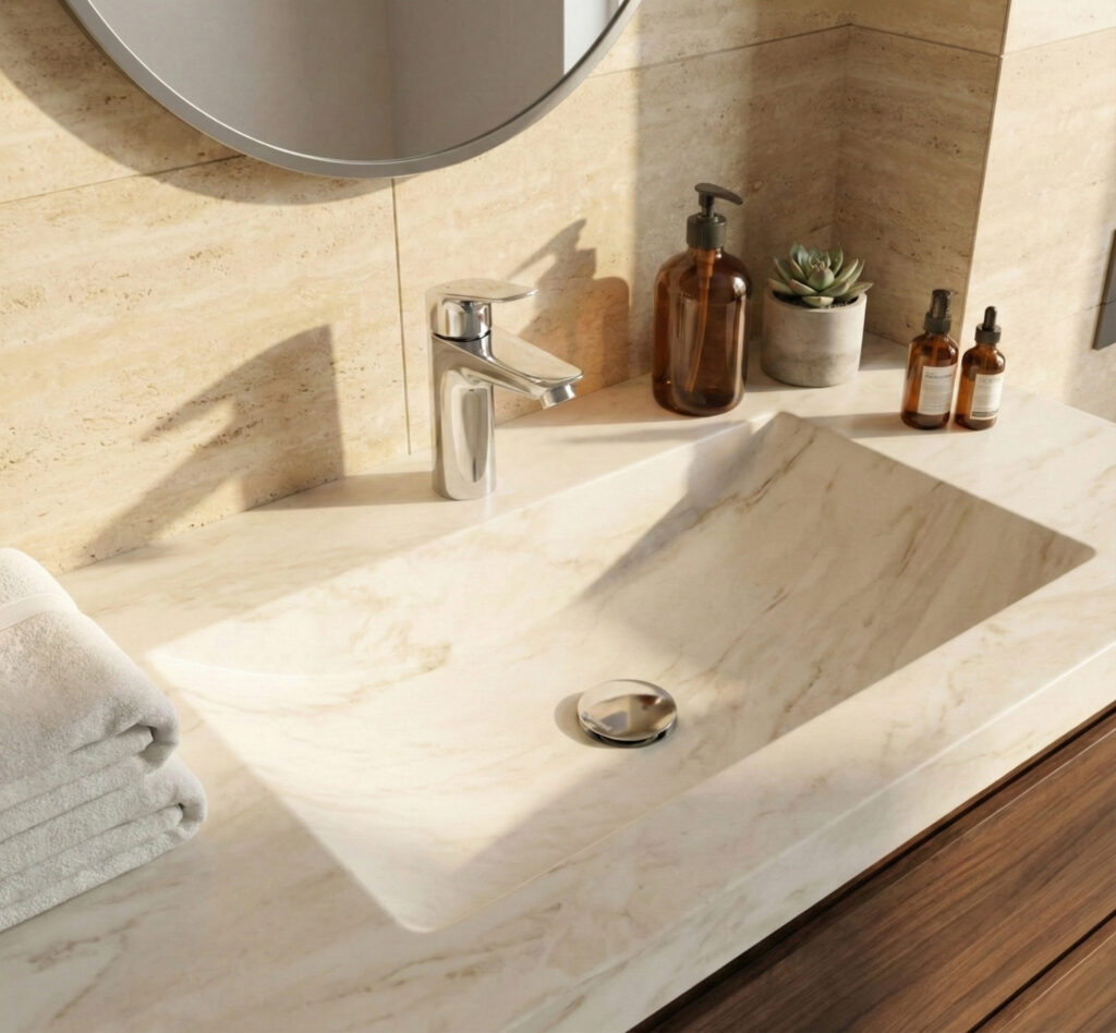 A close-up shot of a modern, integrated Corian sink and countertop with a light beige marble pattern, designed using the korte.design 3D configurator. The sink features a hansgrohe Logis 100 chrome single-lever faucet and a matching round drain cover. The vanity is made of dark, rich wood, set against warm-toned marble wall tiles. Soft sunlight casts elegant shadows across the surface, which is decorated with amber glass bottles, a small succulent in a concrete pot, and neatly folded white towels