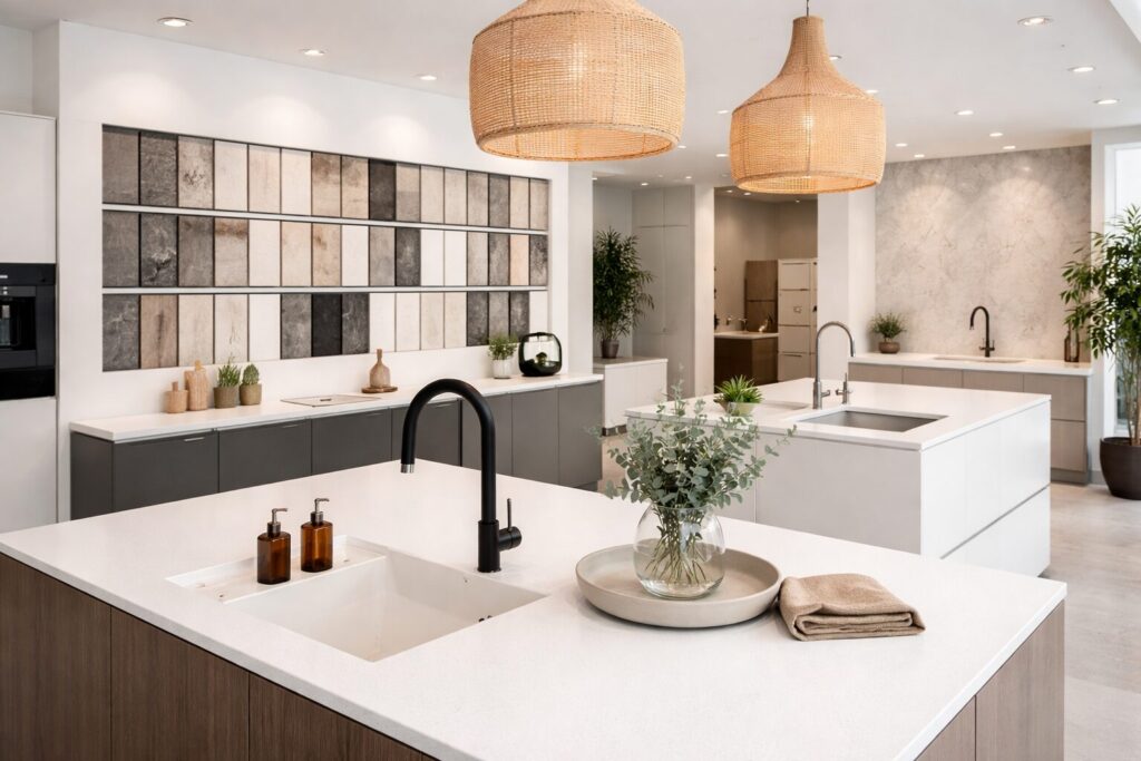 Modern bathroom and kitchen showroom interior with solid surface countertops, integrated sinks, matte black and chrome mixers, and a wall display of square material samples in natural tones.