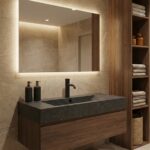 A modern bathroom vanity featuring a dark, gold-flecked Cosmos Prima Corian countertop with an integrated rectangular sink and matte black faucet. The setup includes warm wooden drawers and a tall open shelving unit filled with towels, set against a rectangular backlit mirror