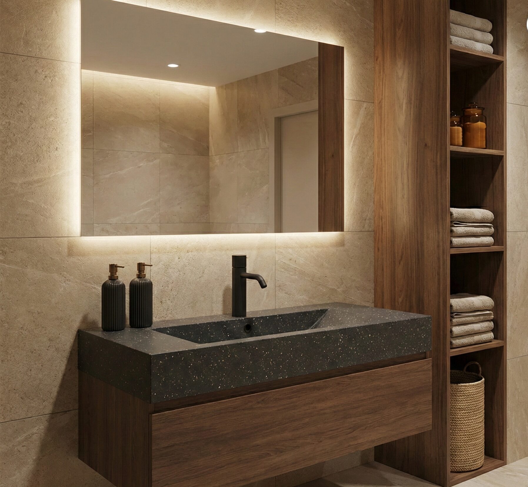 A modern bathroom vanity featuring a dark, gold-flecked Cosmos Prima Corian countertop with an integrated rectangular sink and matte black faucet. The setup includes warm wooden drawers and a tall open shelving unit filled with towels, set against a rectangular backlit mirror