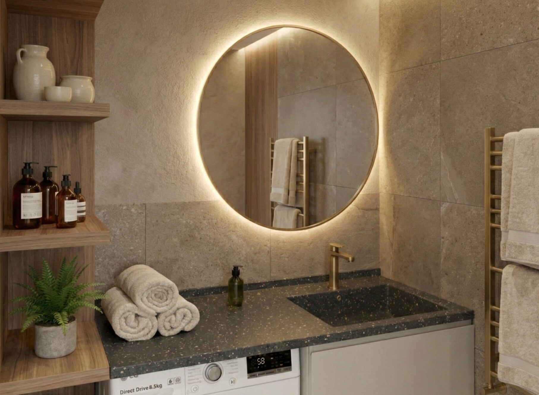 A modern bathroom vanity featuring a grey Corian countertop with an integrated sink and gold faucet. The counter extends over a washing machine and wooden cabinets. Rolled towels, a potted plant, and a gold-framed round mirror are set against beige stone wall tiles
