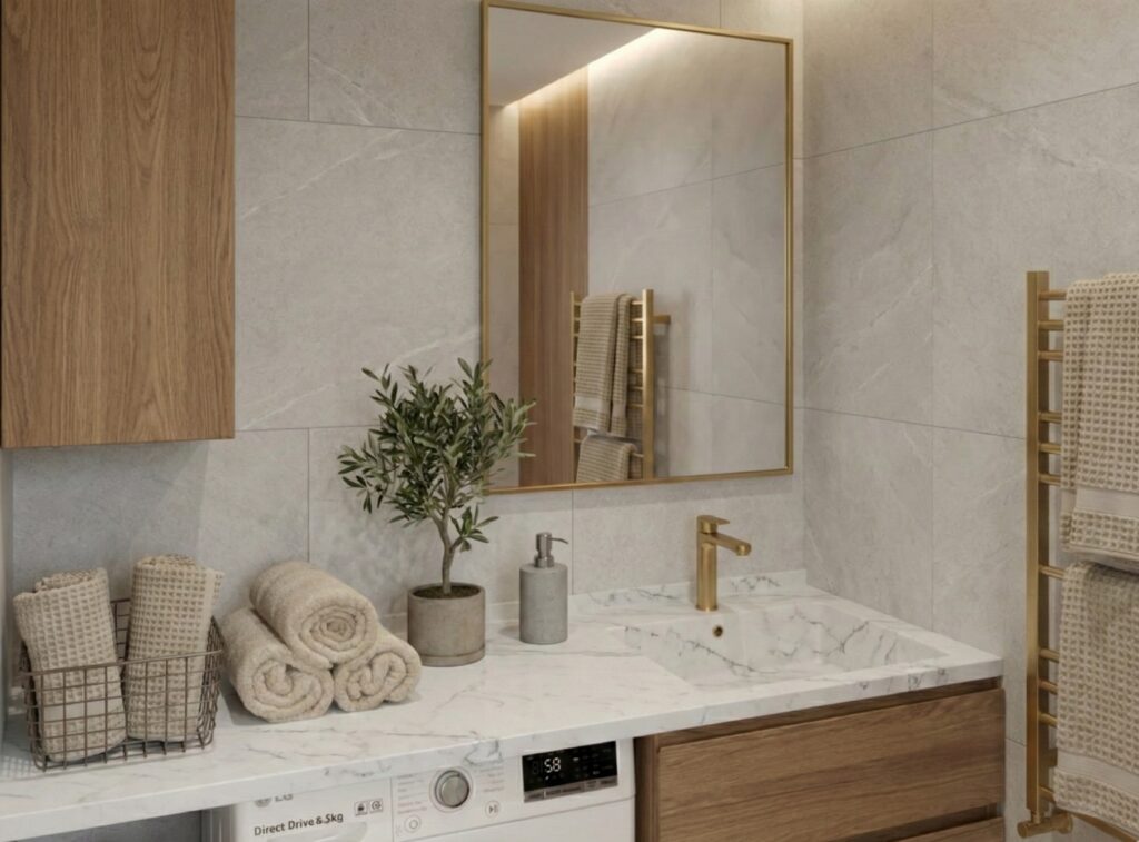 A modern bathroom vanity featuring a white marble-look Corian countertop with an integrated sink and gold faucet. The counter extends over a washing machine and wooden cabinets. Rolled towels, a potted plant, and a gold-framed mirror are set against grey stone wall tiles