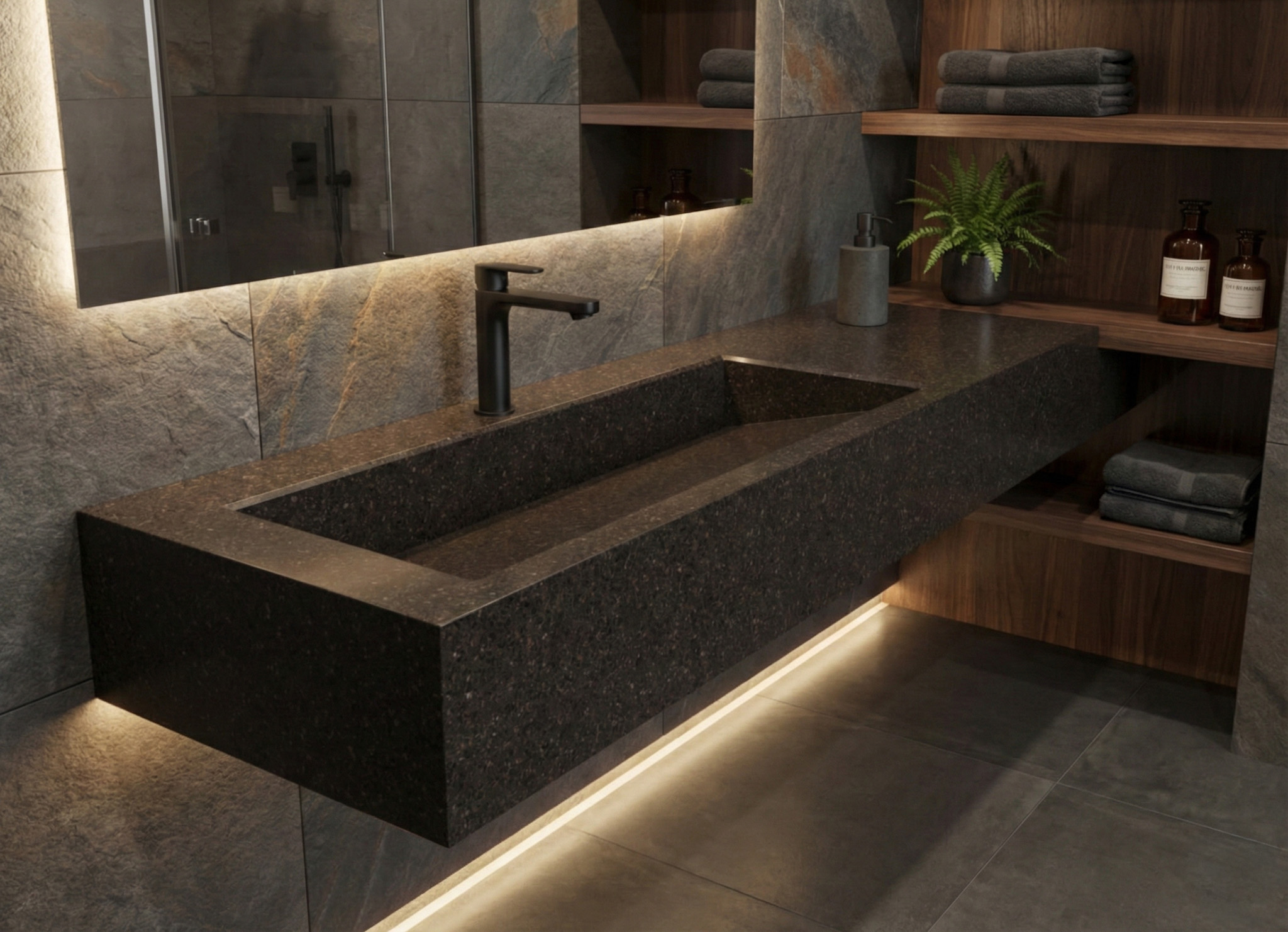 A modern, moody bathroom featuring a long, thick integrated trough sink made of Lava Rock DuPont Corian in a dark charcoal textured finish. The sink is wall-mounted with a matte black faucet, set against dark grey stone tiles with warm LED strip lighting underneath. Dark wood floating shelves with towels are visible in the background