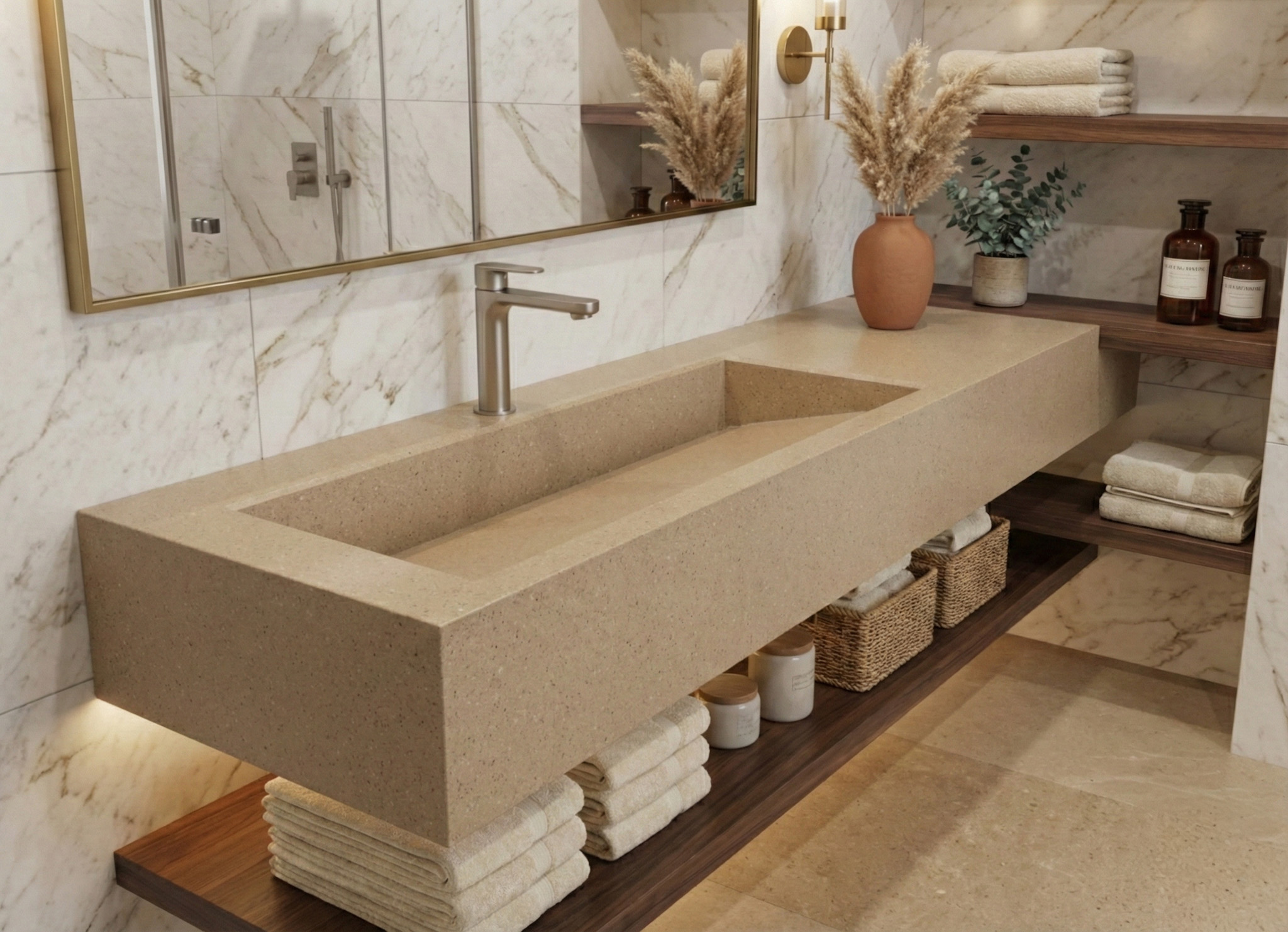 An elegant, warm-toned bathroom with a long integrated trough sink made of Dune Prima DuPont Corian in a sandy-beige finish. Below the vanity is a dark wood floating shelf holding neatly folded towels and wicker baskets. The walls are finished with white marble tiles, decorated with pampas grass and amber glass bottles