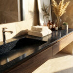 A luxurious bathroom featuring a long, seamless integrated sink made of Deep Night Sky DuPont Corian (dark black with subtle sparkles). The vanity consists of dark wood floating cabinets. The walls are covered in warm, beige marble-like tiles, and the room is filled with bright, natural sunlight. A large rectangular mirror and a decorative vase with a pampas grass arrangement complete the sophisticated look