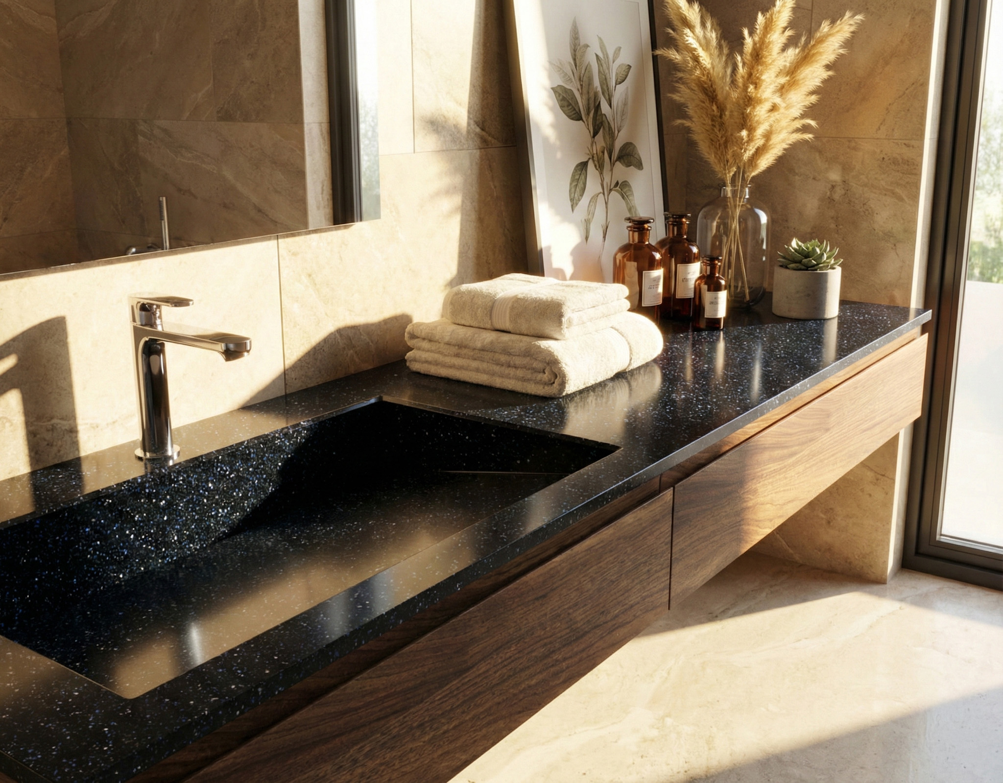 A luxurious bathroom featuring a long, seamless integrated sink made of Deep Night Sky DuPont Corian (dark black with subtle sparkles). The vanity consists of dark wood floating cabinets. The walls are covered in warm, beige marble-like tiles, and the room is filled with bright, natural sunlight. A large rectangular mirror and a decorative vase with a pampas grass arrangement complete the sophisticated look