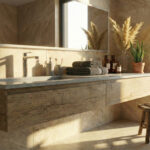 A modern-rustic bathroom featuring an integrated sink made of Aspen Concrete Staron (grey concrete texture). The vanity is crafted from textured, reclaimed-style wood. The walls are finished with large sandy-toned marble tiles. Warm sunlight streams through a window, creating long shadows and highlighting the pampas grass and amber glass bottles on the counter