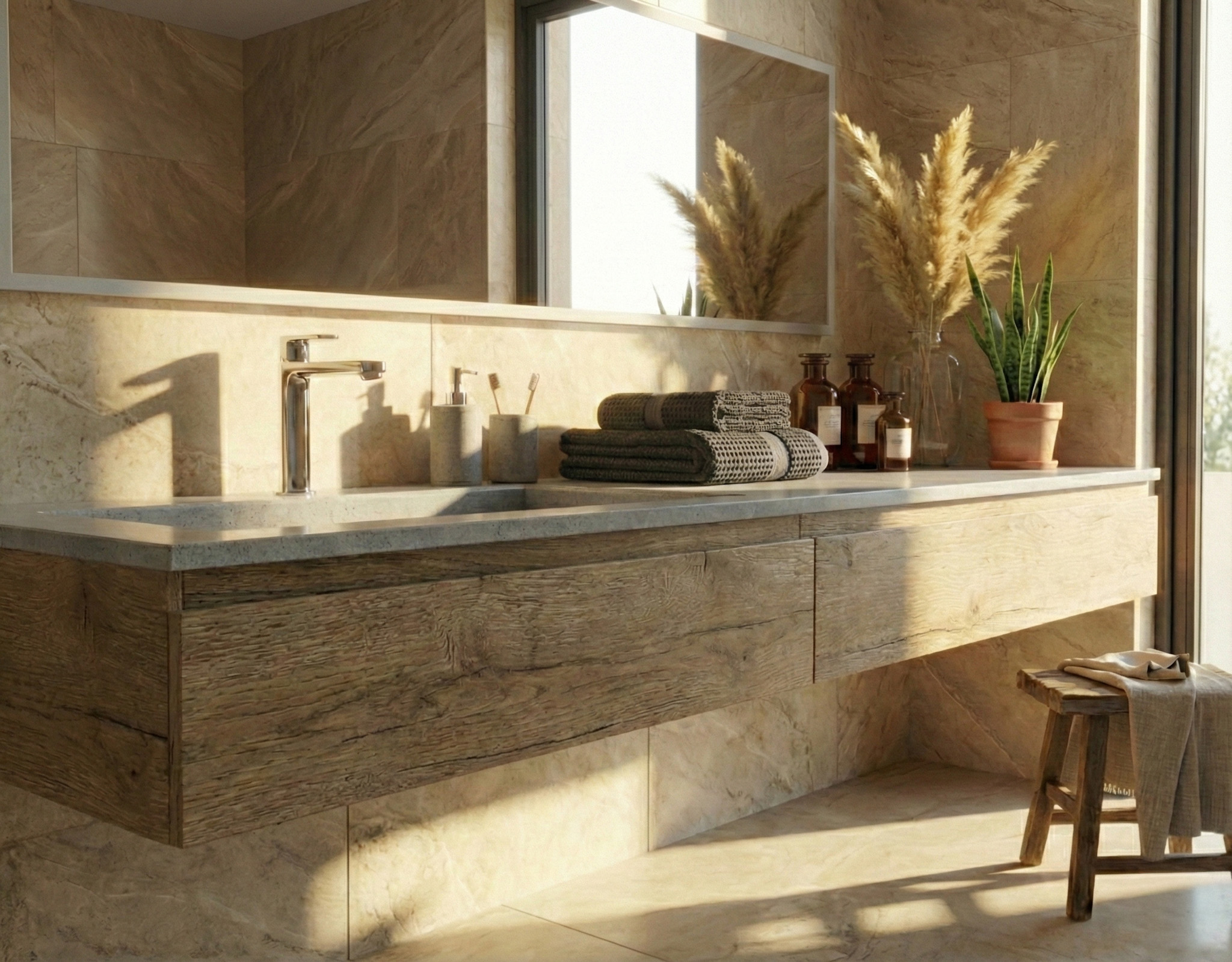 A modern-rustic bathroom featuring an integrated sink made of Aspen Concrete Staron (grey concrete texture). The vanity is crafted from textured, reclaimed-style wood. The walls are finished with large sandy-toned marble tiles. Warm sunlight streams through a window, creating long shadows and highlighting the pampas grass and amber glass bottles on the counter