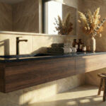 A luxurious bathroom featuring a long, seamless integrated sink made of Deep Night Sky DuPont Corian (dark black with subtle sparkles). The vanity consists of dark wood floating cabinets. A sleek matte black faucet is installed on the left side. The walls are covered in warm, beige marble-like tiles, and the room is filled with bright, natural sunlight. A large rectangular mirror and a decorative vase with a dried flower arrangement complete the sophisticated look