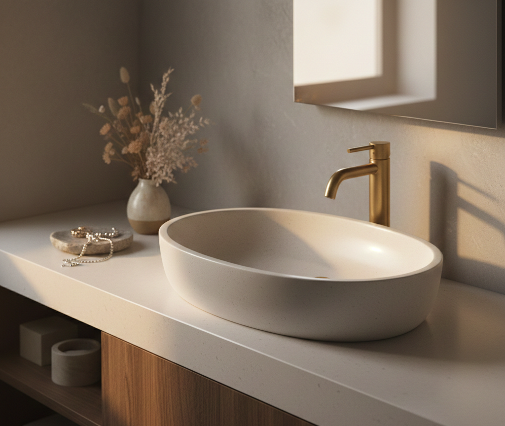 Modern bathroom interior featuring a matte white oval vessel sink sitting on a Sanded Icicle Staron countertop. The scene includes a brushed gold faucet, a warm wood vanity, and a decorative vase with dried flowers under soft, natural sunlight.