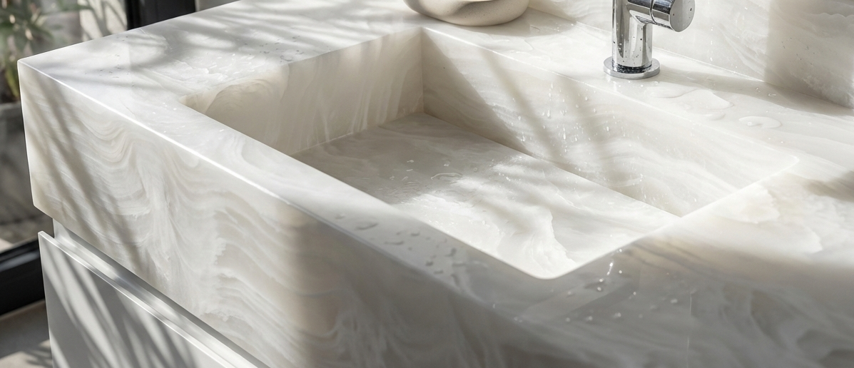 Close-up of a custom bathroom vanity top crafted from White Onyx DuPont Corian, featuring Finoris 230 basin mixer, styled with elegant accessories under natural sunlight
