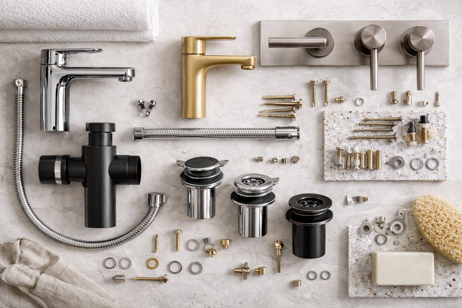Flat lay of bathroom accessories including a matte gold basin mixer, wall-mounted taps, plumbing parts and fasteners on a light stone surface.