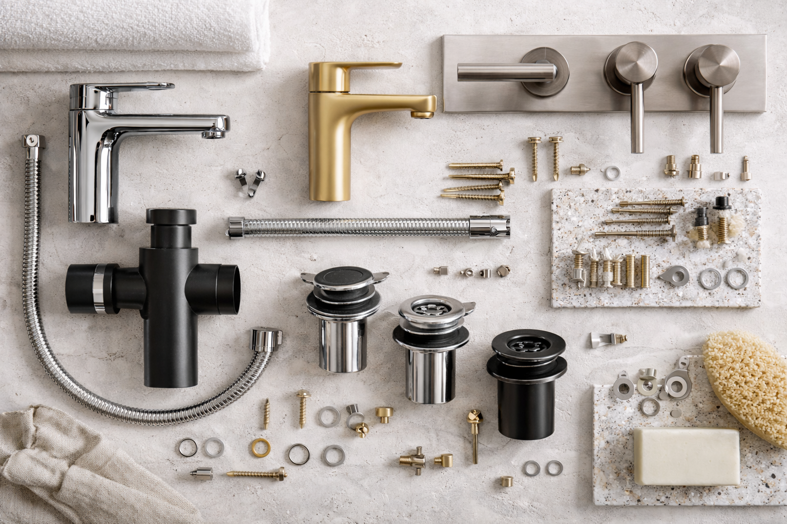 Flat lay of bathroom accessories including a matte gold basin mixer, wall-mounted taps, plumbing parts and fasteners on a light stone surface.