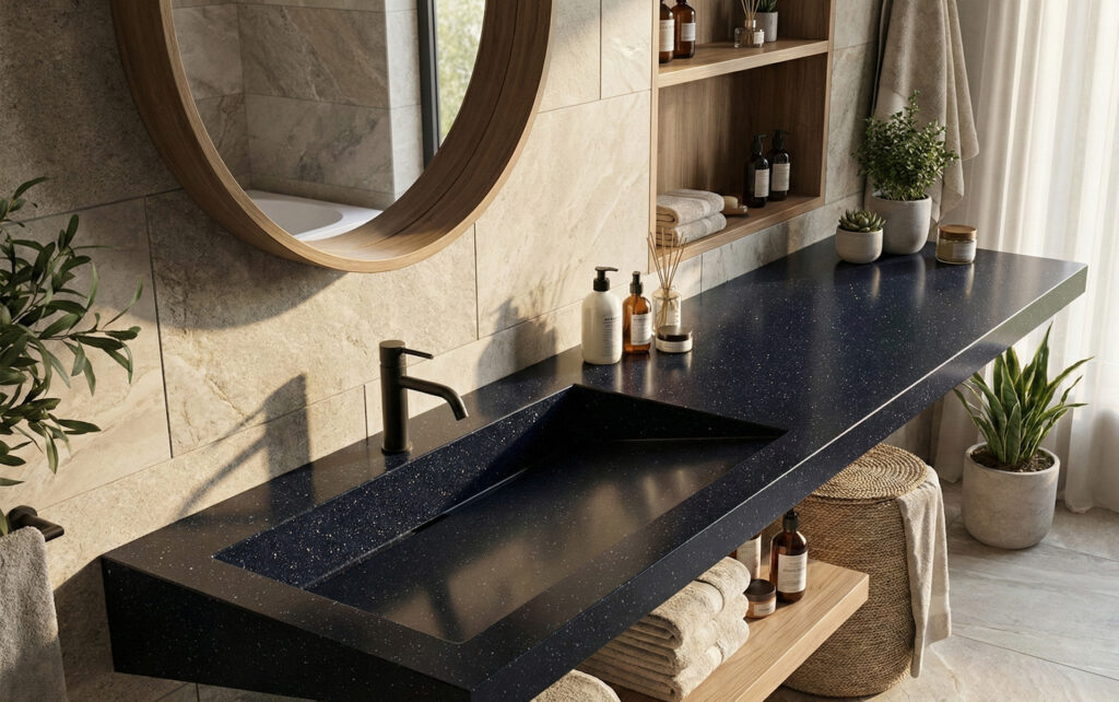 A high-angle photograph of a modern, harmonious bathroom featuring a long, integrated countertop and sink made of Deep Night Sky DuPont Corian.