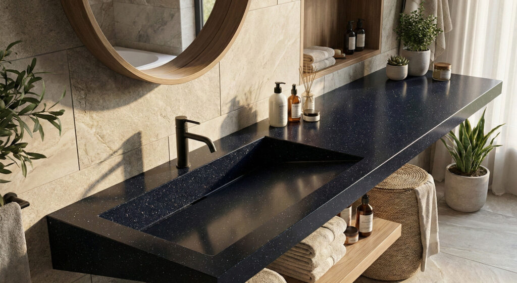 A high-angle photograph of a modern, harmonious bathroom featuring a long, integrated countertop and sink made of Deep Night Sky DuPont Corian.