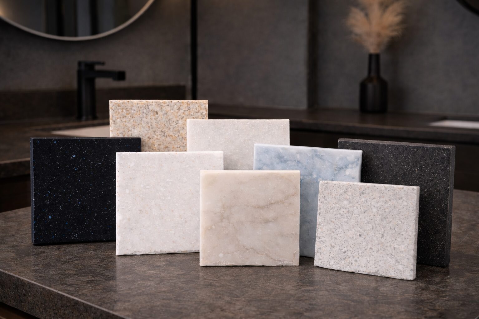 Close-up of countertop material samples on a modern warm-toned bathroom vanity top, featuring Deep Night Sky DuPont Corian, Abalone DuPont Corian, Antarctica DuPont Corian, Aspen Lily Staron, Morning Sky Staron Supreme, Lava Rock DuPont Corian, and Sanded Icicle Staron, with soft sunlight in the background.