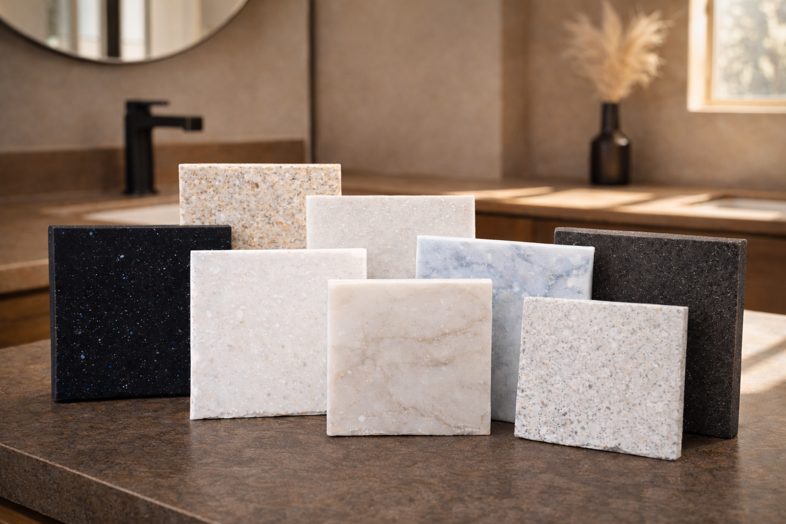 Close-up of countertop material samples on a modern warm-toned bathroom vanity top, featuring Deep Night Sky DuPont Corian, Abalone DuPont Corian, Antarctica DuPont Corian, Aspen Lily Staron, Morning Sky Staron Supreme, Lava Rock DuPont Corian, and Sanded Icicle Staron, with soft sunlight in the background.