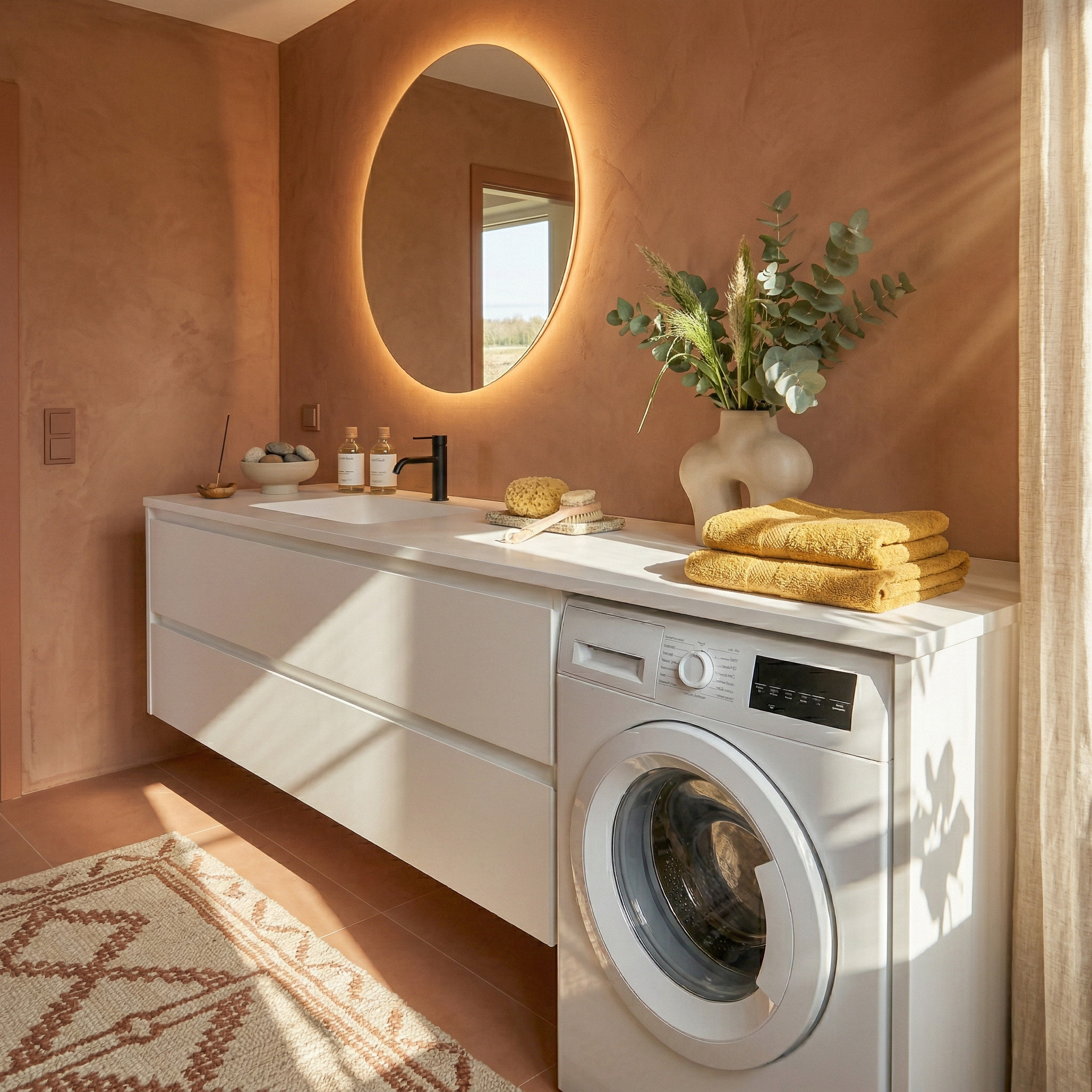 A modern, minimalist bathroom and laundry utility space with warm terracotta-colored walls and flooring. A long, continuous white Corian countertop features an integrated single rectangular sink with a black faucet. Below the counter, a front-loading white washing machine is seamlessly housed in its custom compartment on the right. The space includes a large, backlit round mirror, decorative items such as a vase with eucalyptus and pampas grass, yellow towels, and a patterned rug, all illuminated by soft natural light with shadows from a window.