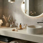 A warm, contemporary bathroom vanity featuring a countertop and a matching round bowl-shaped washbasin, both crafted from textured light beige Corian Raffia solid surface. A sleek, matte black Hansgrohe Rebris S 240 tall single-lever basin mixer is positioned beside the sink. The vanity is elegantly styled with a glowing round mirror, a small modern table lamp, dried pampas grass in a vase, and various cosmetic bottles, set against a textured neutral wall.