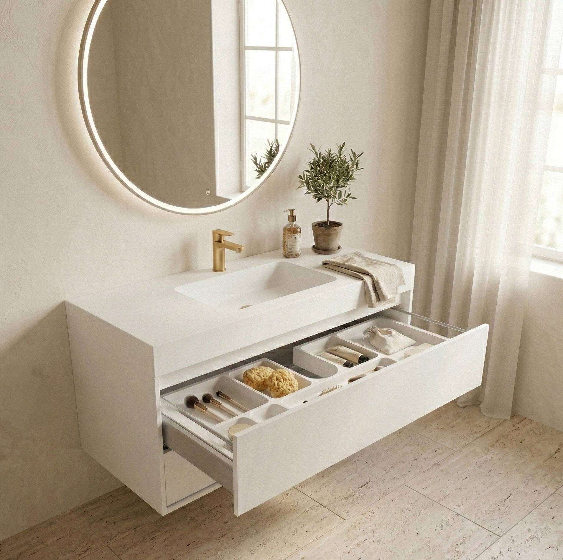 A contemporary, light-filled bathroom featuring a floating white Corian vanity. The seamless white solid surface countertop integrates the sink basin. Below, a full-width drawer is neatly organized with custom white dividers holding makeup brushes, natural sponges, and cosmetic products. On the surface sits a minimalist golden faucet, a terracotta pot with an olive tree, a soap dispenser, and a folded towel. Above, a large round mirror with halo lighting is mounted on a textured plaster wall, with a window and sheer linen curtains to the right. The overall design is clean, organic, and highly organized.