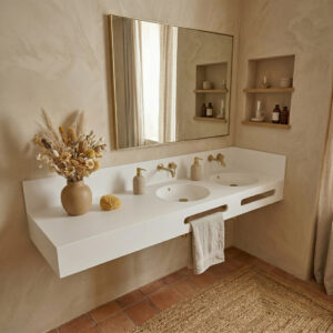 A detailed, wide-angle photograph of a modern, warm-toned bathroom corner featuring a floating, matte-white solid surface (Corian) double vanity countertop. The counter integrates two round basins with brushed gold/brass-toned wall-mounted faucets and matching soap dispensers. Below the main counter surface, the vanity features functional front cut-out slots for towel storage, with a single textured linen towel hanging from the right-hand slot. To the left of the sinks, a large ceramic vase holds a dried bouquet of Pampas grass and other botanicals. The textured beige plaster wall behind is adorned with a large, rectangular gold-framed mirror and two built-in open alcoves with wooden shelves displaying amber glass bottles. The floor is covered in terracotta tiles and a woven jute rug. Natural light comes from a window with linen curtains to the far left.