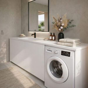 A modern, minimalist bathroom and laundry area featuring a seamless white Corian countertop with an integrated sink. The setup includes sleek white storage cabinets and a dedicated space for a front-loading washing machine. Styled with a black-framed backlit mirror, a matte black faucet, folded towels, and a black vase with dried flowers against a textured grey wall.