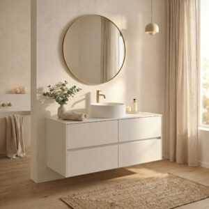 A photograph of a contemporary, light-filled bathroom vanity scene. Centered in the composition is a sleek, white floating vanity cabinet featuring two spacious, handleless drawers. It is topped with a seamless, smooth, white Corian-like solid surface, upon which sits a vessel sink with a gold-toned faucet. Above the vanity, a large, round gold-framed mirror is mounted against a textured beige lime plaster wall, with warm, soft LED backlighting creating a golden halo. On the countertop are curated accessories: a ceramic vase with eucalyptus branches, a rolled textured hand towel, and a bottle of soap with a gold tray.