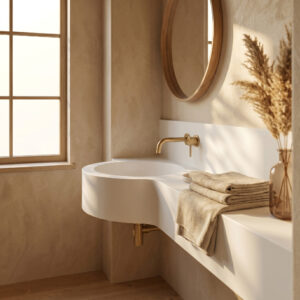 A sun-drenched minimalist bathroom corner view featuring a seamless white Corian surface countertop that stretches across. On the left side, the surface has a unique, rounded bumpout that serves as an integrated sink basin. Above, a wall-mounted brass faucet and a round wooden mirror are visible on textured clay-plaster walls. Stacks of linen towels and dried pampas grass in a glass vase decorate the rest of the counter. Natural light from a large casement window filters in from the left, casting soft shadows. Below the vanity, exposed brass plumbing and light wood plank flooring are shown. The style is minimalist and organic.
