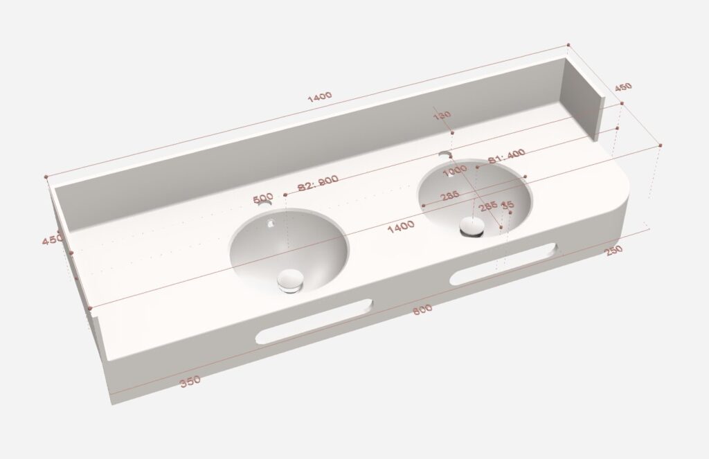 3D configurator sketch for a custom solid surface vanity top with double basins